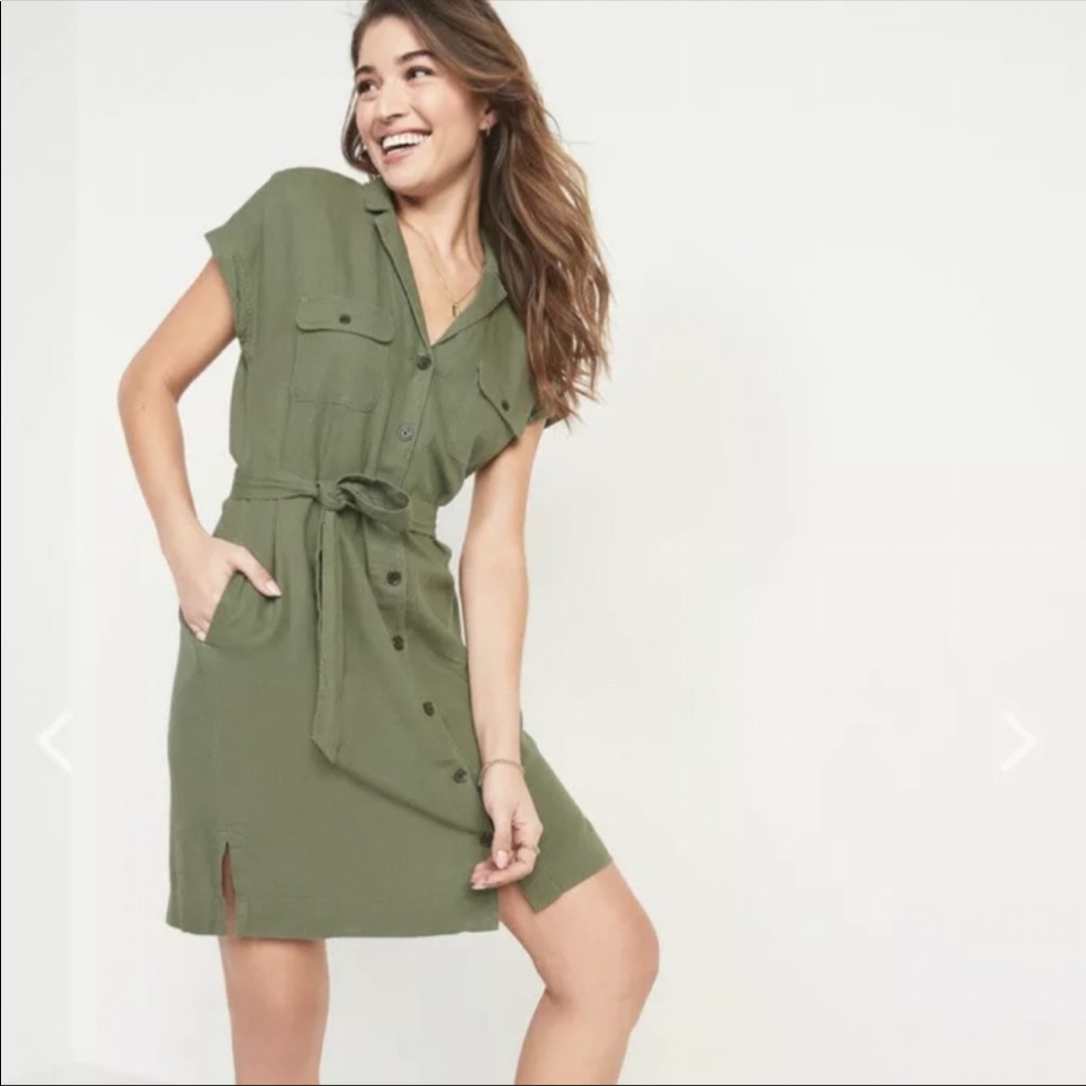 Old Navy Olive Green Belted Short Sleeve Dress